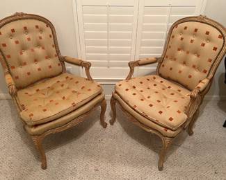 Pair of Mid-20th Century, Louis XV Style Carved Oak & Upholstered Armchairs by Schoonbeck of Grand Rapids
