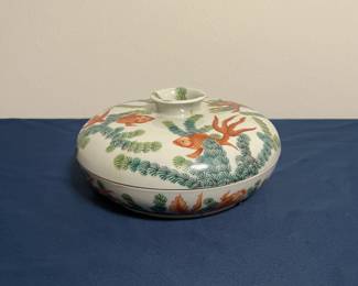 Chinese Porcelain Lidded Serving Dish w/Koi Fish & Seaweed Design