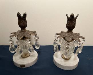 Vintage Brass, Crystal, and Italian Marble Candle Holders