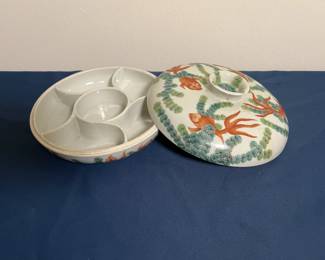 Chinese Porcelain Lidded Serving Dish w/Koi Fish & Seaweed Design