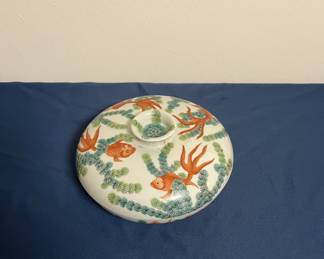Chinese Porcelain Lidded Serving Dish w/Koi Fish & Seaweed Design