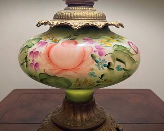 Large, Green, Floral Hurricane Lamp