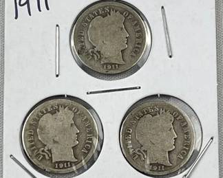 (3) 1911 Barber Silver Dimes, 90%