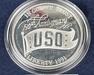 1991 Proof Silver Dollar, USO Commemorative