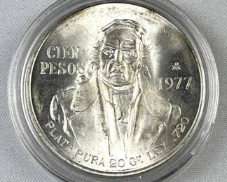 1977 Silver Mexico 100 Pesos BU in Capsule