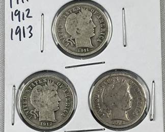 1911, 1912, 1913 Barber Silver Dimes, 90%