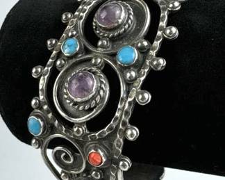 925 Silver Turquoise, Coral & Amethyst Cuff, Taxco