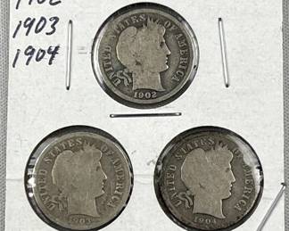 1902, 1903, 1904 Barber Silver Dimes, 90%