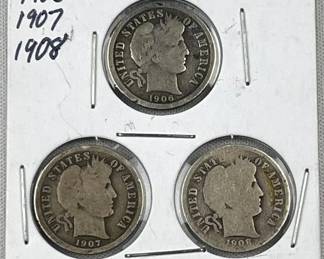 1906, 1907, 1908 Barber Silver Dimes, 90%