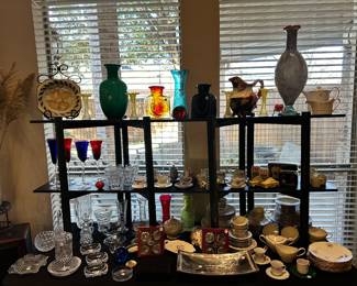 Crystal, Colored Glass, China, Teacup Sets, Salt and Peppers, etc.