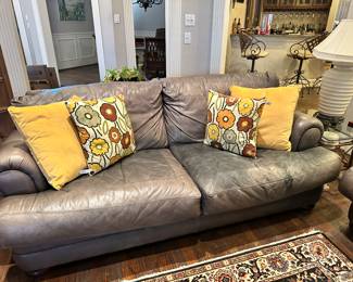 Gray Leather Loveseat, Pillows