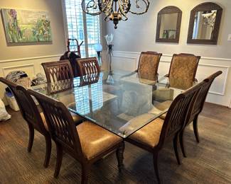 Large Glass Dining Table, 6 Leather Chairs, 2 Fabric Arm Chairs 