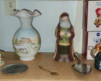 Vintage Fenton glass santa,  vase 