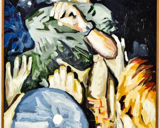 "CROWD SURFING", OIL ON BOARD
