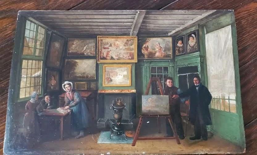 Oil on wood panel. 19th century. Interior scene of an artist studio.