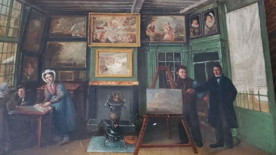 Oil on wood panel. 19th century. Interior scene of an artist studio.