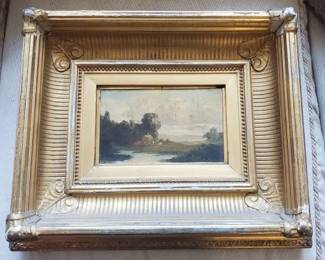 Early landscape painting. Illegible notations in pencil on reverse.