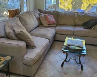 Sectional and brass coffee table