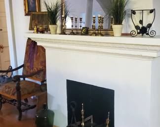 Mirror, candlesticks, fireplace andirons