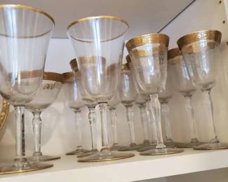 Gilt and etched stemware and plates