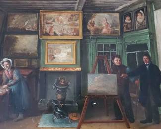 Oil on wood panel. 19th century. Interior scene of an artist studio.