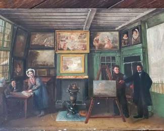 Oil on wood panel. 19th century. Interior scene of an artist studio.