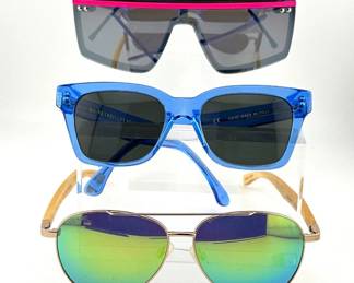 Three pairs of sunglasses are by Spitfire, Blue Planet, and Retro Superfuture