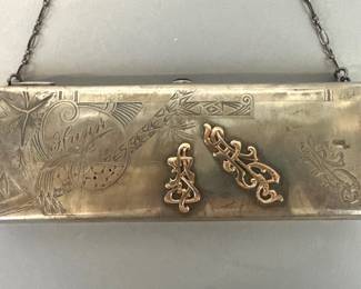 Antique Imperial Russian silver purse with sapphire cabochon dated 1915 and inscribed