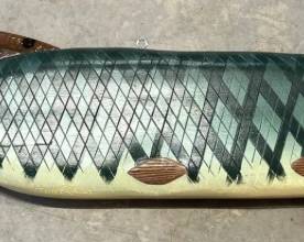 Large Stephen Huneck double sided carved wood fish (VT, 1948-2010) dated 2009