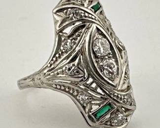 Art Deco platinum, diamond emerald ring