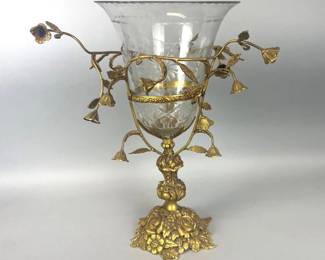 Antique fancy ormolu and etched crystal vase