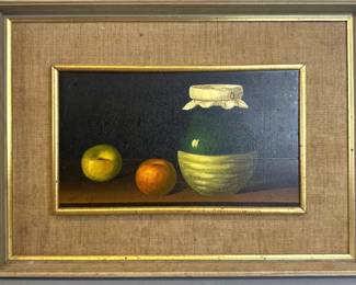 Still life of apple and orange with jar oil on board, signed