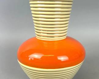 Vintage Italian Rometti ceramic vase in orange, cream with gold ribbing
