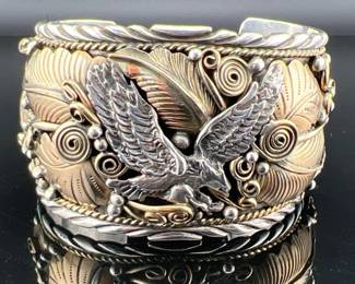 Wide Native American signed Allen Chee sterling and gold wash cuff