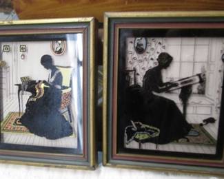 Reverse Paintings on glass depicting silhouette of woman