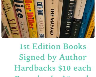 Signed 1st Edition Hardbacks $10 each
The Winter Lightning - Howard  Nemerov 1968
Sudie - Sara Flanigan 1981
Alice - Sara Flanigan 1988
Killer Diller - Clyde Edgerton
Cut Out - Bob Mayer
The Mayard - William Evans
Familiar Heat - Mary Hood
A Lesson Before Dying - Ernest Gaines
Nervous Dancer - Lorenzo
Paperbacks $5 each
Yellow As Legal Pads - Fran Stewart
Mama Makes Up Her Mind - White
The Day of Shalom - Bo Turner