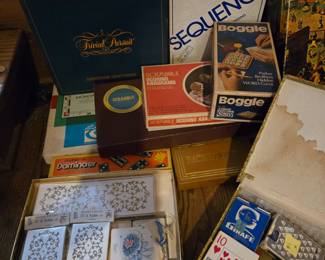 Games: Bridge Set, Boggle, Trivial Pursuit, Scrabble, Scrabble Anagrams (was tiles only game), backgammon, monopoly, dominoes, and many more.