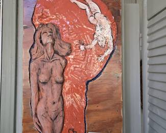 "Fall of Icarus" Original clay artwork. Jim Bell 1996
In Greek Mythology, Icarus flew too close to the sun causing the beeswax in his wings to melt. Icarus fell from the sky, plunged into the sea and drowned. I think the woman is saying "I told you so." The owner of this piece had challenged Jim Bell to include a male in one of his works as sculpting muscles requires more skill than "bosoms".