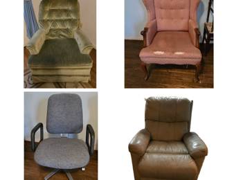 Green velvet in good condition, pink wingback "project piece" due to front of seat wear, office chair (good condition), comfy recliner (there is use damage on tip of lever that does not effect function.