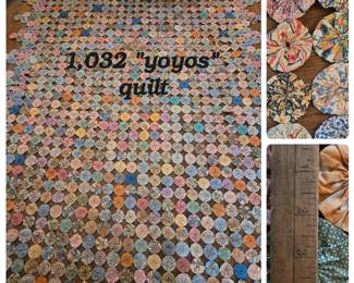 This vintage (1930's -50's) yo-yo quilt has triangle points on sides and bottom. If I counted correctly, there are 1,032 yoyos! There is one yoyo that has unraveled and a few that have lost a connection or 2 between their neighbors (happens to the best of us :) . All easily repaired. No fabric damage or stains were noticed.