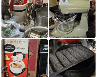 Green handle cookie cutters, red handle kitchen tools, 2 Sunbeam mixers, cast iron.
