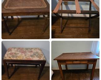 Small cane top table/stool, luggage rack, bench/stool, larger one drawer primitive that was used for arts and crafting.