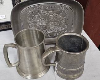 PEWTER TRAY AND MUGS