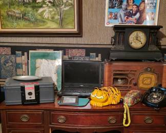 Antique Radio and Clock - Safe - Mahogany 1940's Desk - Telephones