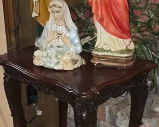 Religious Large Figurines- Ornate Mahogany Side Table 