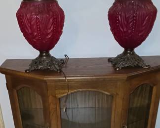 Lighted Small Display Cabinet- Pair of Red Antique Lamps just in Time for Valentine's Day 