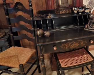Small Ebony Writing Desk with Stool - Side Chair 