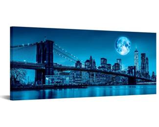 iKNOW FOTO Black White and Blue New York Canvas Prints Full Moon Night in Manhattan Picture