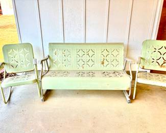 Vintage 3-piece metal outdoor furniture set pale green - Glider, Rocker and Chair - Super Nice!