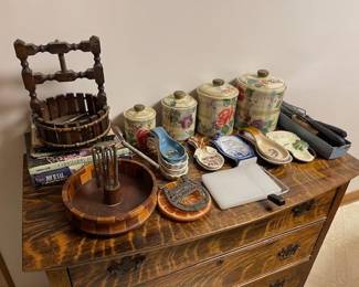 Oak dresser with spoon rest collection, canisters, trivets and more!